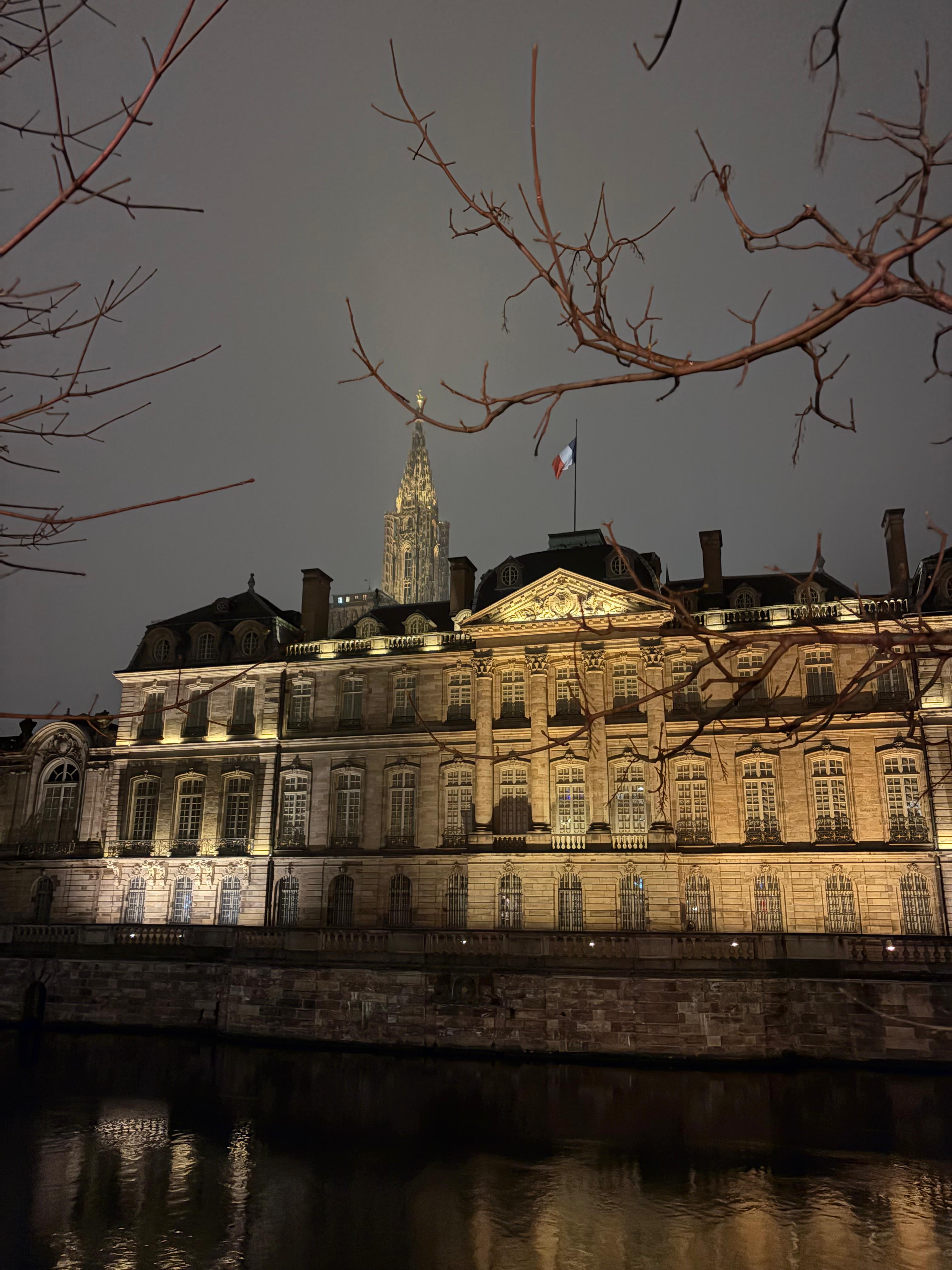 Palais Rohan ve Notre-Dame Katedrali kulesi, Ill Nehri kıyısı, gece